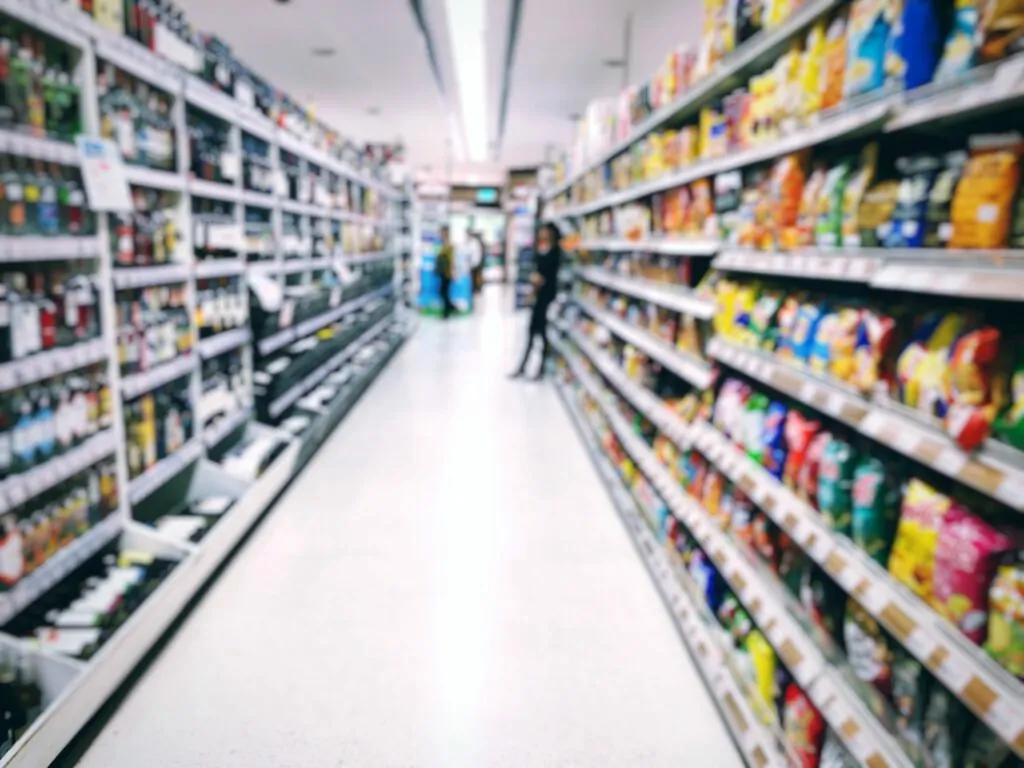 Ein langes Supermarktregal mit verschiedenen Waren.