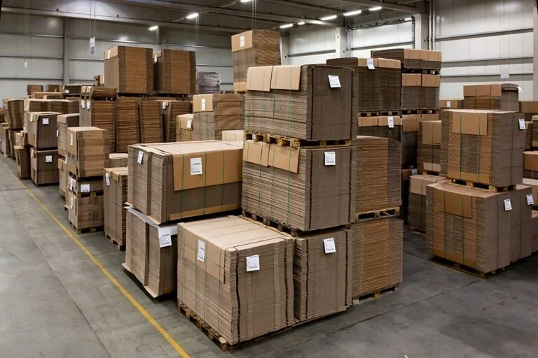 Pappen werden auf Paletten in einem Logistik-Lager gelagert.
