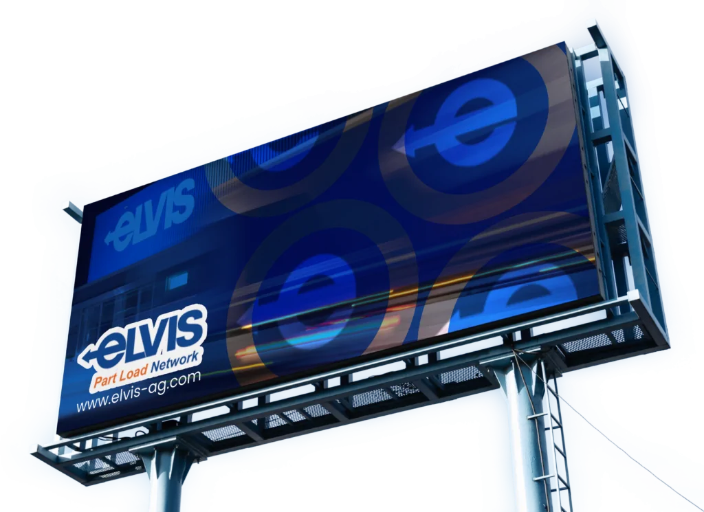 Eine große Reklametafel, die das Logo der ELVIS-AG zeigt, Europas großes Transportnetzwerk.