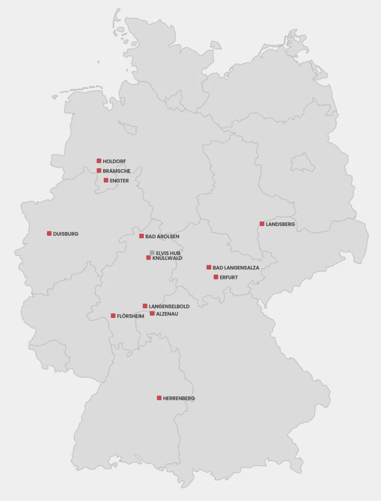 Eine Karte von Deutschland, die die 14 Standorte der Maintrans Gruppe zeigt.